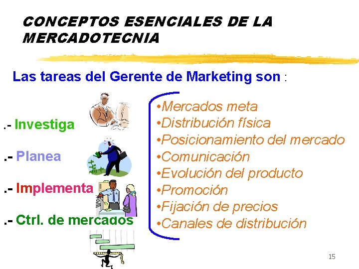 CONCEPTOS ESENCIALES DE LA MERCADOTECNIA Las tareas del Gerente de Marketing son : .