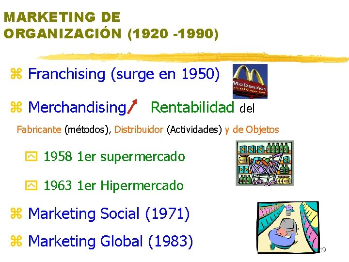 MARKETING DE ORGANIZACIÓN (1920 -1990) z Franchising (surge en 1950) z Merchandising Rentabilidad del