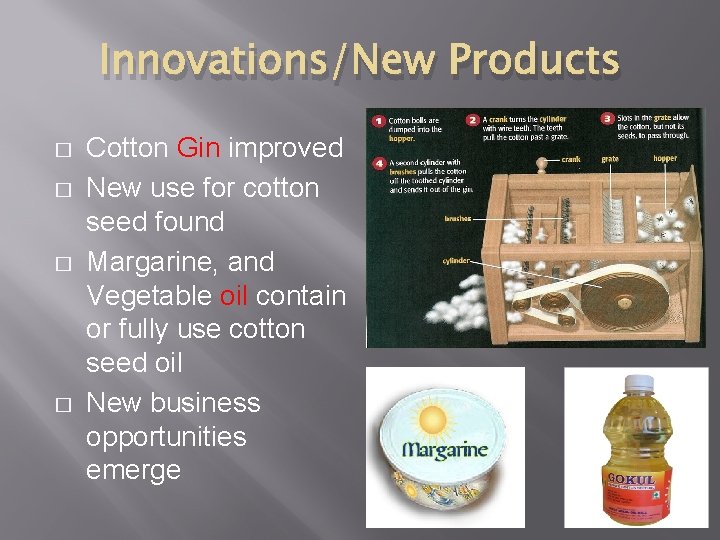 Innovations/New Products � � Cotton Gin improved New use for cotton seed found Margarine,
