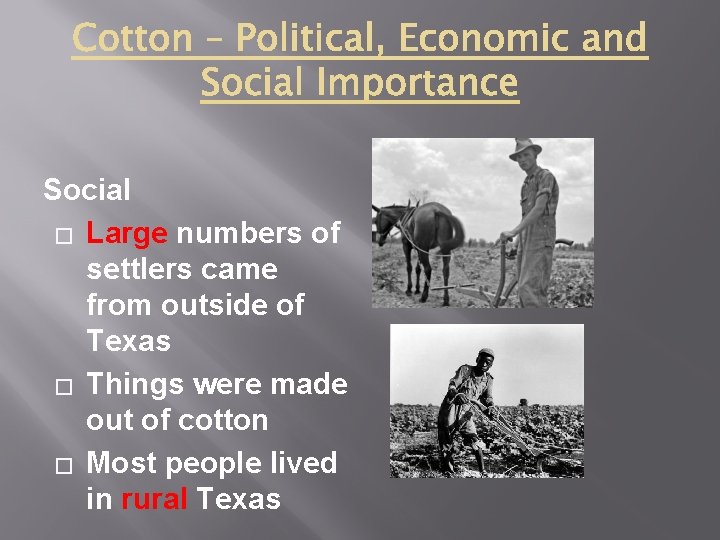 Social � Large numbers of settlers came from outside of Texas � Things were