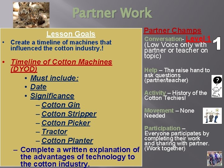 Partner Work Lesson Goals • Create a timeline of machines that influenced the cotton
