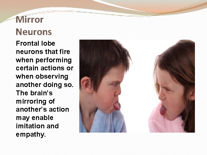 Mirror Neurons Frontal lobe neurons that fire when performing certain actions or when observing