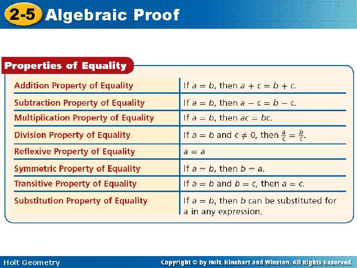 2 -5 Algebraic Proof Holt Geometry 