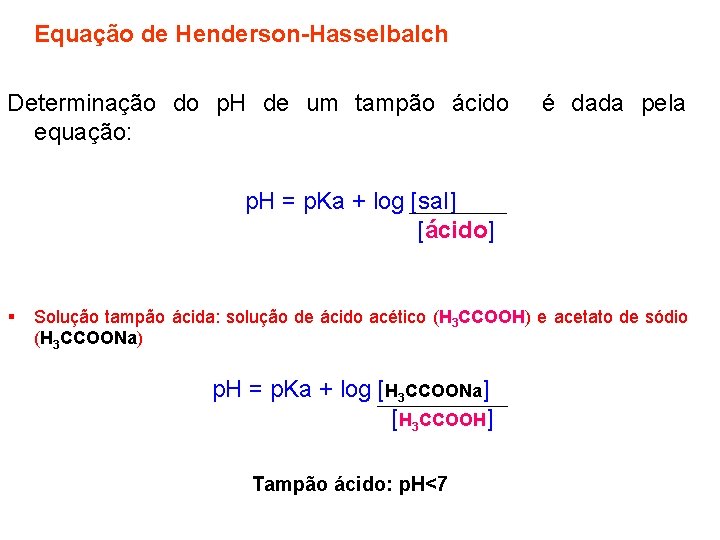 Equação de Henderson-Hasselbalch Determinação do p. H de um tampão ácido é dada pela