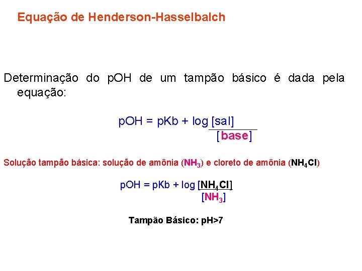 Equação de Henderson-Hasselbalch Determinação do p. OH de um tampão básico é dada pela