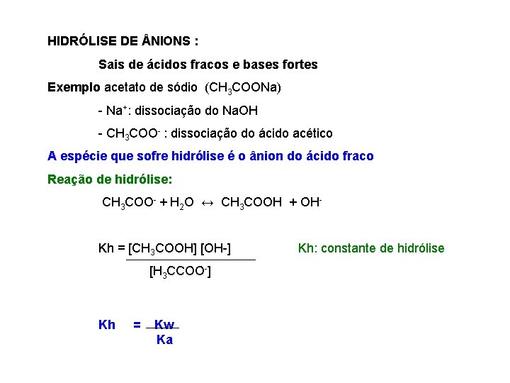HIDRÓLISE DE NIONS : Sais de ácidos fracos e bases fortes Exemplo acetato de