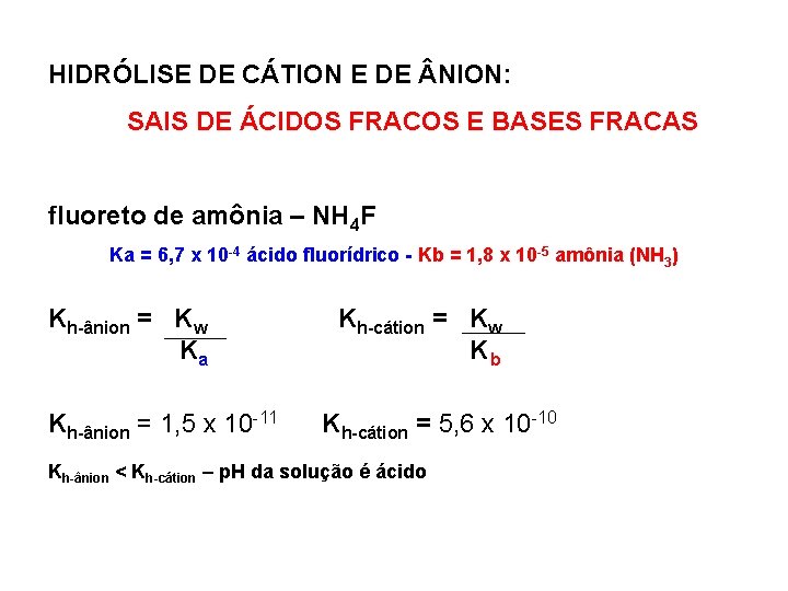 HIDRÓLISE DE CÁTION E DE NION: SAIS DE ÁCIDOS FRACOS E BASES FRACAS fluoreto