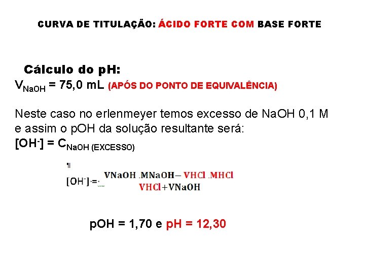 CURVA DE TITULAÇÃO: ÁCIDO FORTE COM BASE FORTE Cálculo do p. H: VNa. OH