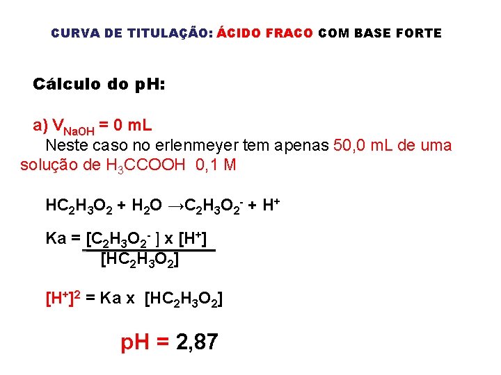 CURVA DE TITULAÇÃO: ÁCIDO FRACO COM BASE FORTE Cálculo do p. H: a) VNa.