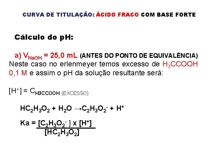 CURVA DE TITULAÇÃO: ÁCIDO FRACO COM BASE FORTE Cálculo do p. H: a) VNa.