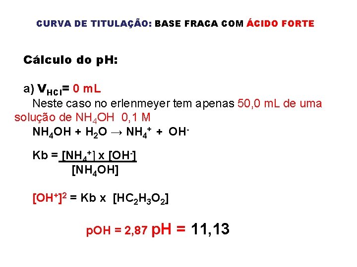 CURVA DE TITULAÇÃO: BASE FRACA COM ÁCIDO FORTE Cálculo do p. H: a) VHCl=