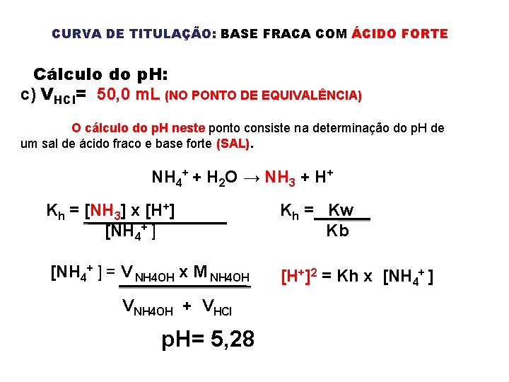CURVA DE TITULAÇÃO: BASE FRACA COM ÁCIDO FORTE Cálculo do p. H: c) VHCl=