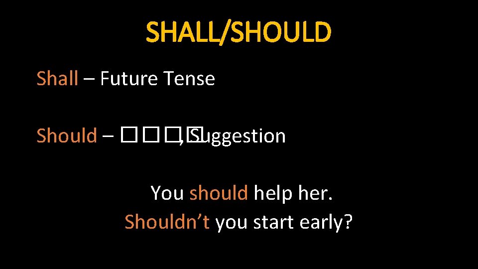 SHALL/SHOULD Shall – Future Tense Should – ���� , Suggestion You should help her.