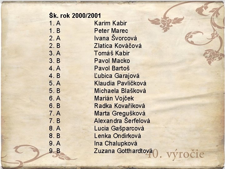 Šk. rok 2000/2001 1. A Karim Kabir 1. B Peter Marec 2. A Ivana