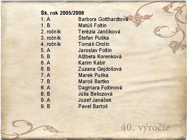 Šk. rok 2005/2006 1. A Barbora Gotthardtová 1. B Matúš Foltín 2. ročník Terézia