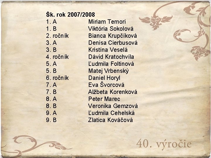 Šk. rok 2007/2008 1. A Miriam Temori 1. B Viktória Sokolová 2. ročník Bianca