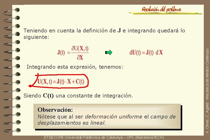 Resolución del problema J e integrando quedará lo Integrando esta expresión, tenemos: Siendo C(t)