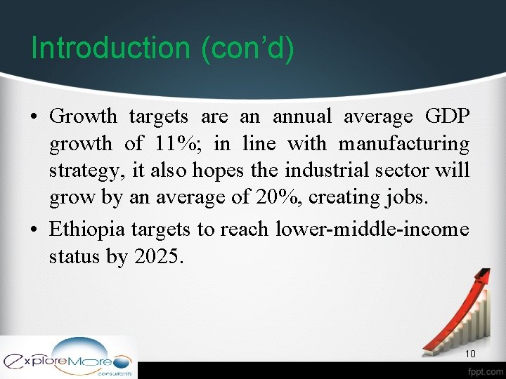 Introduction (con’d) • Growth targets are an annual average GDP growth of 11%; in