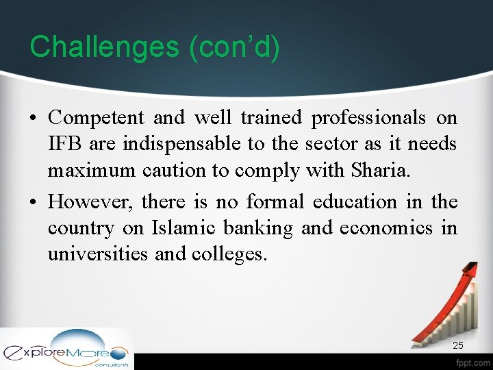 Challenges (con’d) • Competent and well trained professionals on IFB are indispensable to the