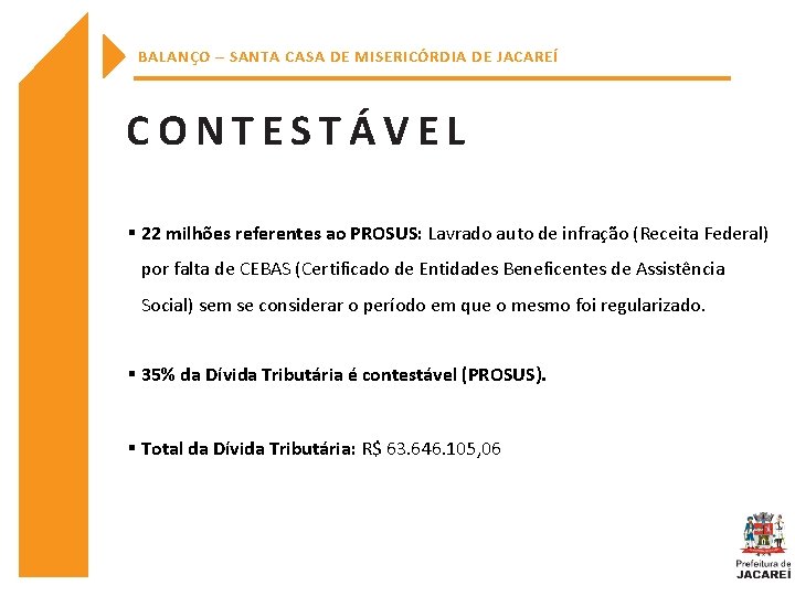 BALANÇO – SANTA CASA DE MISERICÓRDIA DE JACAREÍ CONTESTÁVEL 22 milhões referentes ao PROSUS: