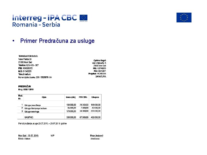  • Primer Predračuna za usluge 