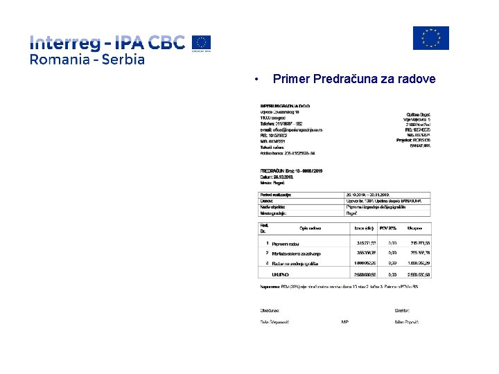  • Primer Predračuna za radove 