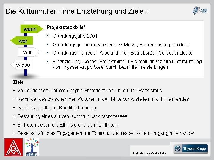 Die Kulturmittler - ihre Entstehung und Ziele wann wer wieso Projektsteckbrief • Gründungsjahr: 2001