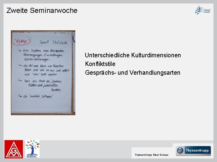 Zweite Seminarwoche Unterschiedliche Kulturdimensionen Konfliktstile Gesprächs- und Verhandlungsarten Thyssen. Krupp Steel Europe 