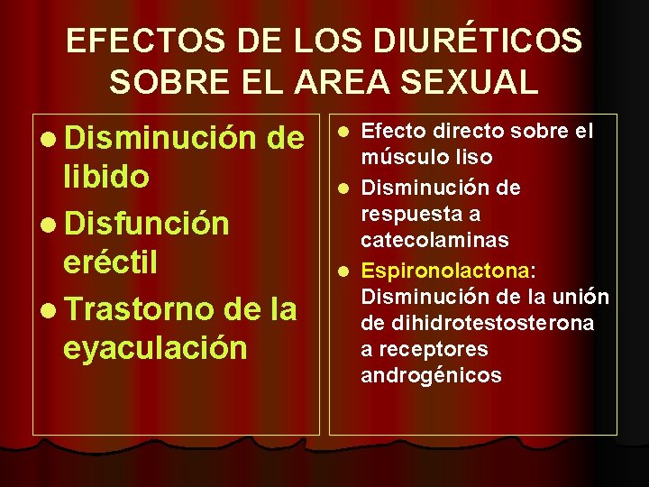EFECTOS DE LOS DIURÉTICOS SOBRE EL AREA SEXUAL l Disminución de libido l Disfunción