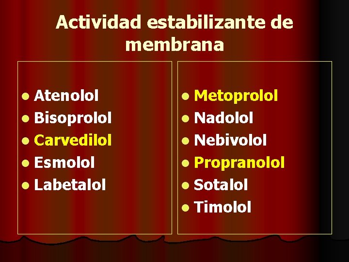 Actividad estabilizante de membrana l Atenolol l Metoprolol l Bisoprolol l Nadolol l Carvedilol