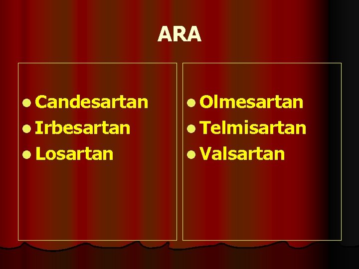 ARA l Candesartan l Olmesartan l Irbesartan l Telmisartan l Losartan l Valsartan 