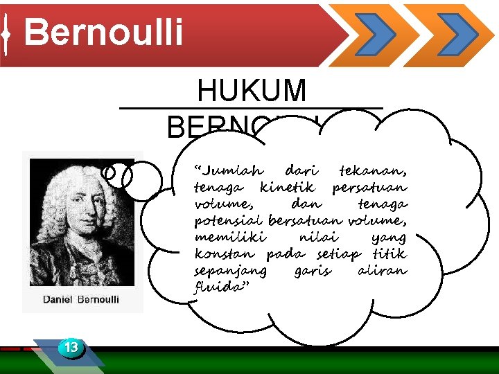 Bernoulli HUKUM BERNOULLI “Jumlah dari tekanan, tenaga kinetik persatuan volume, dan tenaga potensial bersatuan