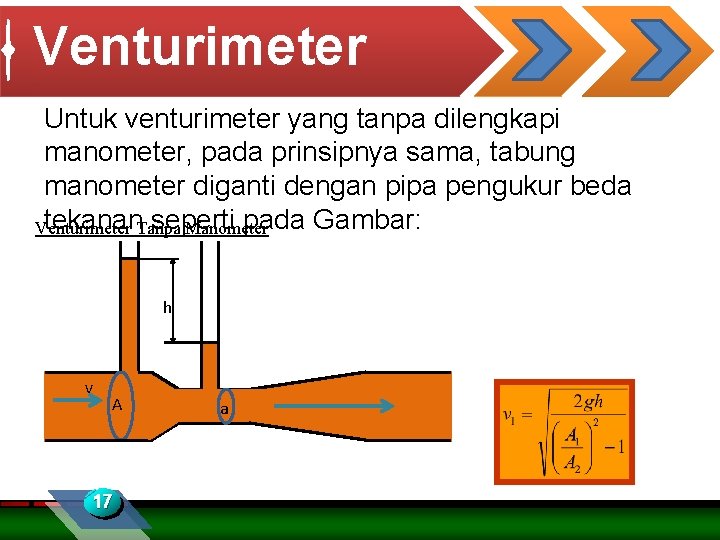 Venturimeter Untuk venturimeter yang tanpa dilengkapi manometer, pada prinsipnya sama, tabung manometer diganti dengan