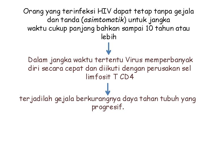 Orang yang terinfeksi HIV dapat tetap tanpa gejala dan tanda (asimtomatik) untuk jangka waktu