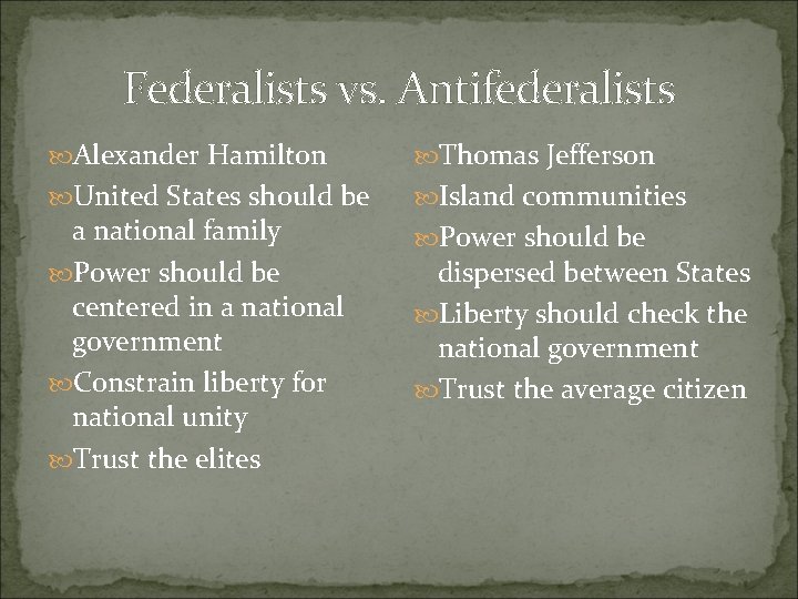 Federalists vs. Antifederalists Alexander Hamilton Thomas Jefferson United States should be Island communities a