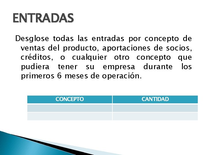 ENTRADAS Desglose todas las entradas por concepto de ventas del producto, aportaciones de socios,