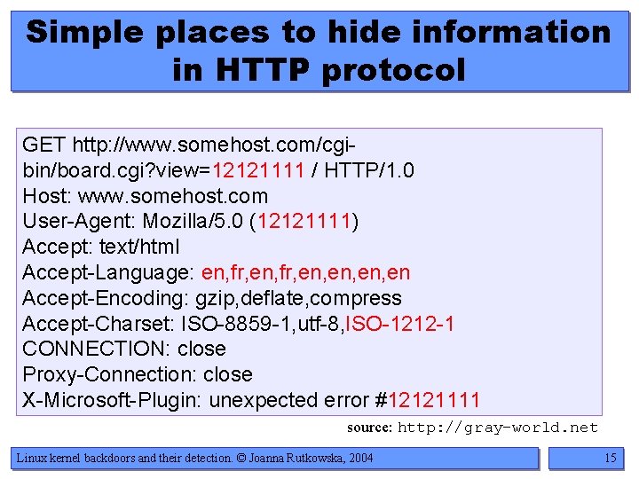 Simple places to hide information in HTTP protocol GET http: //www. somehost. com/cgibin/board. cgi?