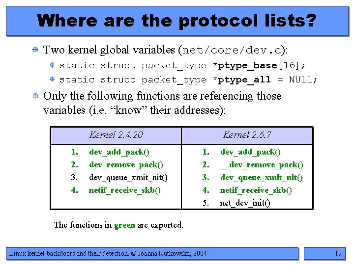 Where are the protocol lists? Two kernel global variables (net/core/dev. c): static struct packet_type