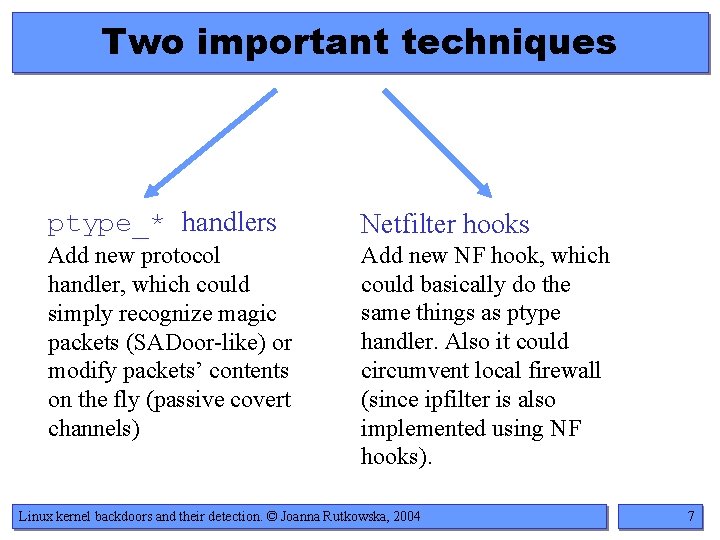 Two important techniques ptype_* handlers Netfilter hooks Add new protocol handler, which could simply