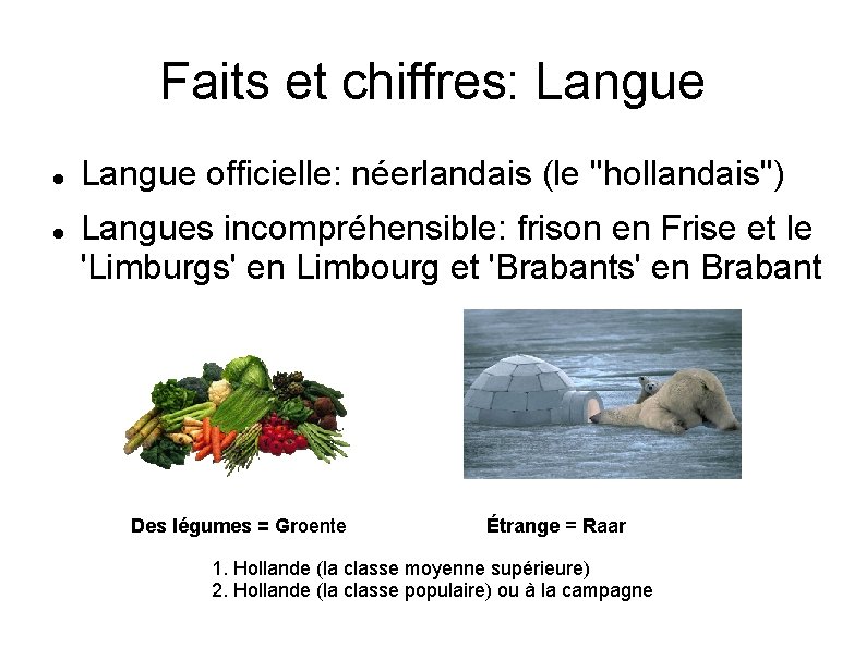 Faits et chiffres: Langue officielle: néerlandais (le ''hollandais'') Langues incompréhensible: frison en Frise et