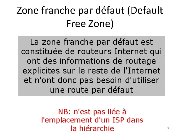 Zone franche par défaut (Default Free Zone) La zone franche par défaut est constituée