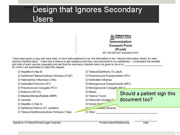 Design that Ignores Secondary Users Gabriel Spitz Should a patient sign this document too?
