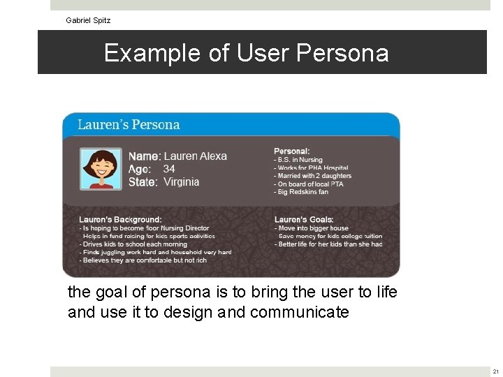 Gabriel Spitz Example of User Persona the goal of persona is to bring the