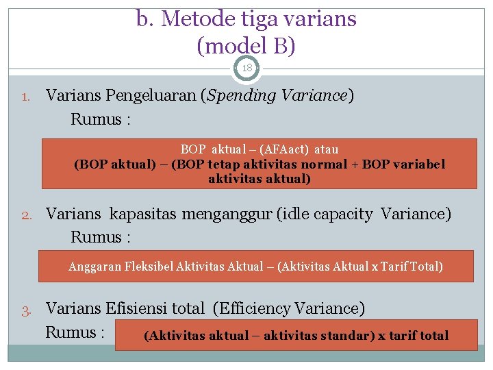 b. Metode tiga varians (model B) 18 1. Varians Pengeluaran (Spending Variance) Rumus :