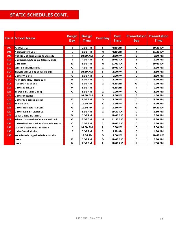 STATIC SCHEDULES CONT. Car # School Name 107 108 109 110 111 112 114