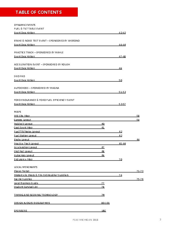 TABLE OF CONTENTS DYNAMIC EVENTS FUEL & TILT TABLE EVENT Event Description 42 -43