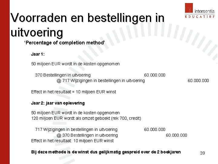 Voorraden en bestellingen in uitvoering ‘Percentage of completion method’ Jaar 1: 50 miljoen EUR