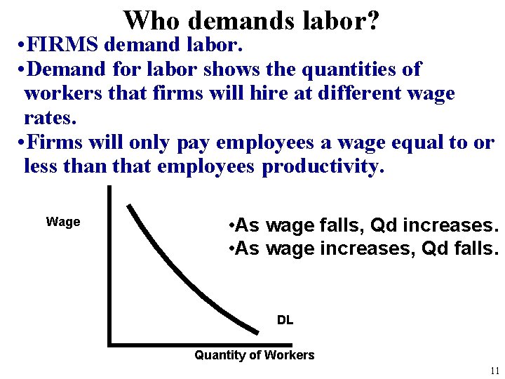 Who demands labor? • FIRMS demand labor. • Demand for labor shows the quantities