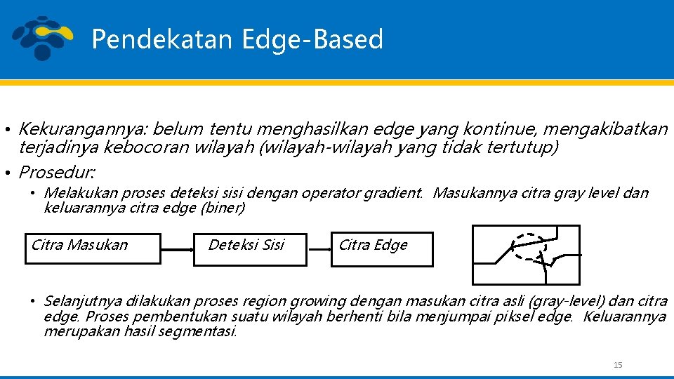 Pendekatan Edge-Based • Kekurangannya: belum tentu menghasilkan edge yang kontinue, mengakibatkan terjadinya kebocoran wilayah