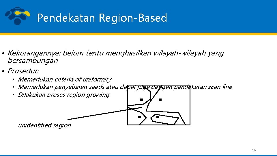 Pendekatan Region-Based • Kekurangannya: belum tentu menghasilkan wilayah-wilayah yang bersambungan • Prosedur: • Memerlukan